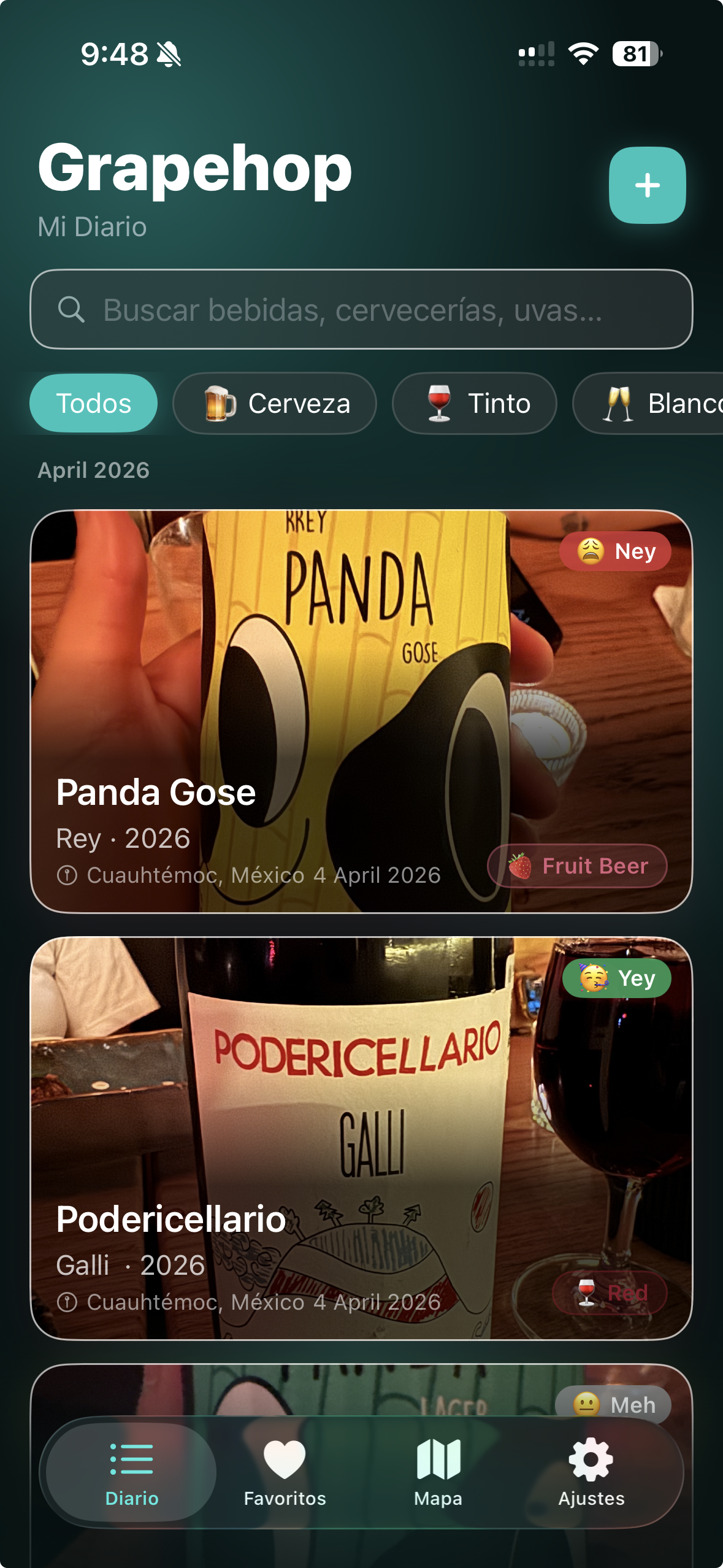 Grapehop diary screen